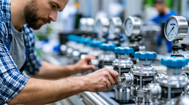 Close-up of a man working on machinery with many valves and gauges in an industrial plant, industrial maintenance concept, plant operator at work, engineering close-up, defocused