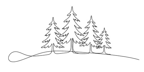 Fototapeta premium Minimalist continuous line drawing of pine trees on a gentle hill Vector, illustration