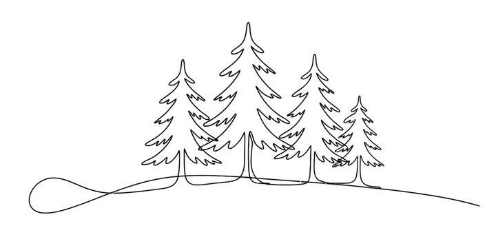 Minimalist continuous line drawing of pine trees on a gentle hill Vector, illustration