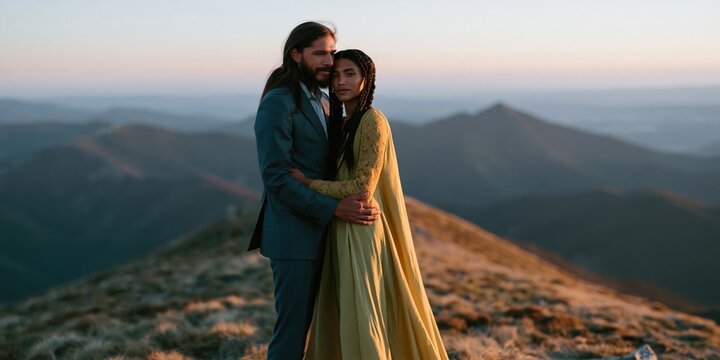 Couple embracing on mountain ridge during sunset golden hour