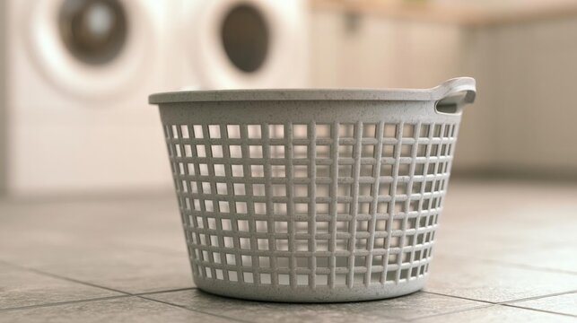 White laundry basket with a handle on the right side. the basket is made of plastic and has a grid-like pattern on its surface.