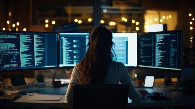 Coding marathon software development tech office digital workspace nighttime ambiance over-the-shoulder view innovation in action
