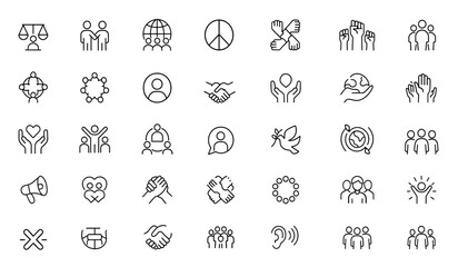 Fototapeta premium Vector line icon set of diversity and inclusion: thin linear pictograms of equality, unity, multicultural collaboration, interconnected hands, peace, raised fists illustration, community