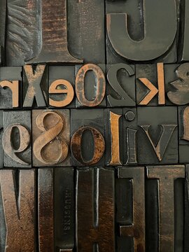 Close up detail of vintage wooden type blocks.
