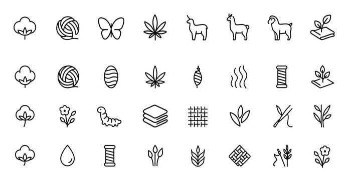 Material composition vector icon set: glyph pictograms of natural textile fibers cotton, wool, silk, hemp, alpaca, cashmere, goat, organic fabric black silhouette illustration, eco-friendly