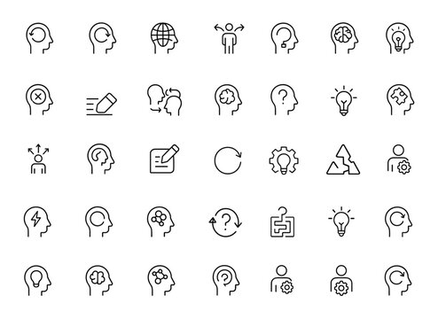 Unlearning and Relearning icon set: Thin linear vector pictograms illustrating knowledge adaptation, creative brainstorming, thinking process, problem-solving, and learning concepts