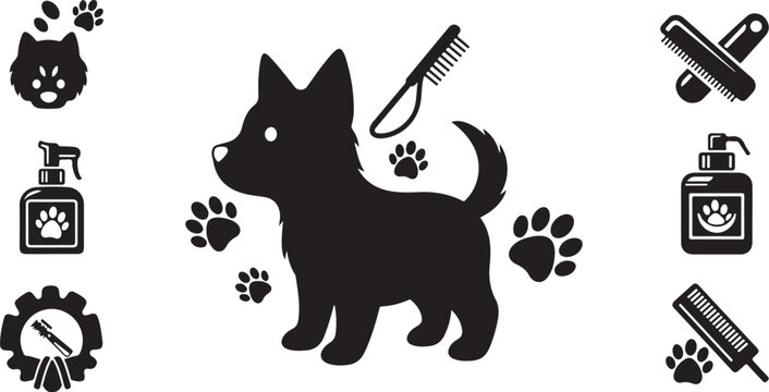 Dog Grooming Icons and Silhouette Graphic Design