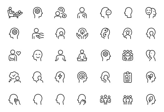Psychotherapy line icon set with thin linear vector pictograms of mental health treatments, therapy types, cognitive behavioral, humanistic, gestalt, positive psychology approaches, illustration.