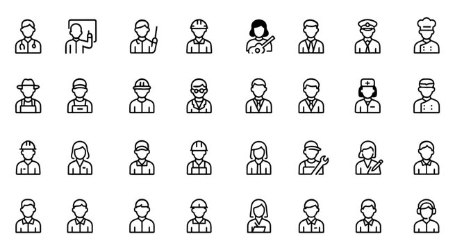 Occupation profession icon set: vector glyph pictograms of doctor, teacher, engineer, police officer, musician, career, workforce, business black silhouette illustration, work, job, staff, team