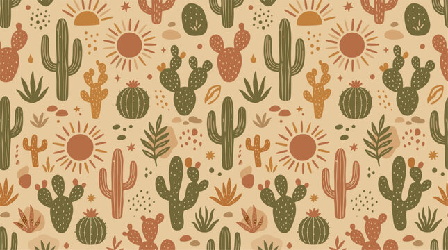 boho desert cactus seamless pattern sun western background design