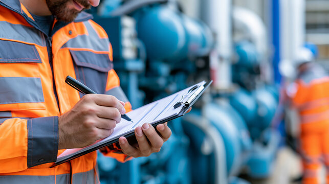Close-up of a maintenance engineer performing an audit of a power generator at an oil refinery, industrial safety inspection concept, refinery maintenance photography, selective