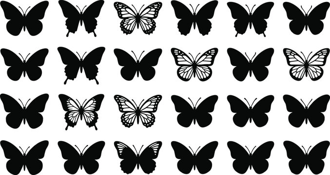Black butterfly silhouette collection, elegant insect vector set, isolated wing patterns, decorative nature icons, monochrome butterfly design artwork