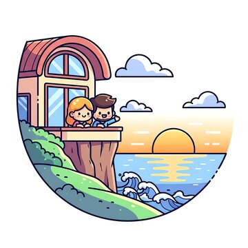 Couple enjoying sunset view from cliffside house.