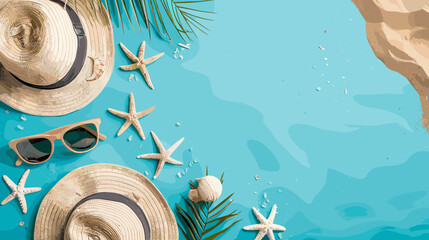 Summer Beach Vacation Accessories With Straw Hats Sunglasses And Starfish On Bright Blue Background © AI PIC