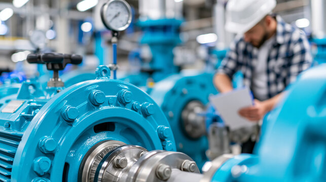 Close-up of a centrifugal pump inspection in a factory pump room with air conditioner water chiller detail, mechanical engineering concept, pump and chiller system, industrial