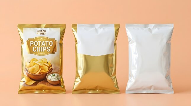 Potato chip bag mockup trio gold and white packaging design