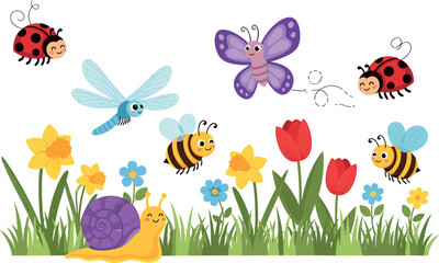 Cute spring garden insects cartoon vector illustration with bees, butterfly, ladybugs, dragonfly, flowers and smiling snail © Shasa
