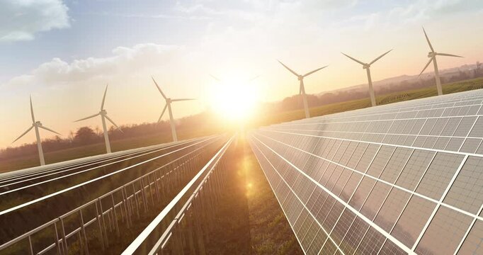 Solar power array and wind turbines under bright sun in green field. Sustainable Green Energy Related 3D Animation.
