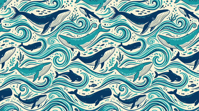 whale seamless pattern ocean wave underwater marine background