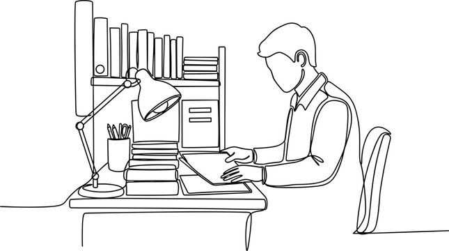 Student studying at desk with books and lamp, continuous line art