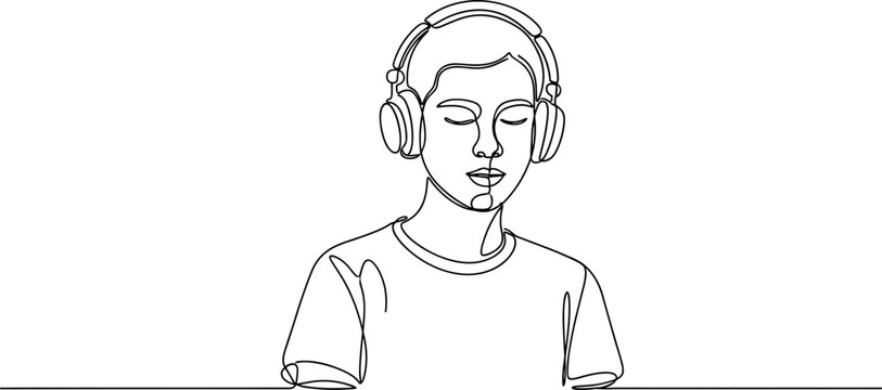 Continuous line drawing of a young person wearing headphones and listening to music with eyes closed.