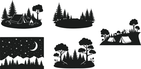 Camping forest silhouette vector set featuring tent and scenery landscape illustration. © Silhouette