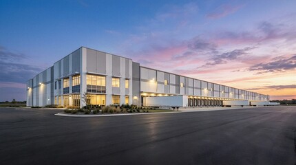 Obraz premium Modern Logistics Center with Loading Docks at Dawn for Global Supply Chain