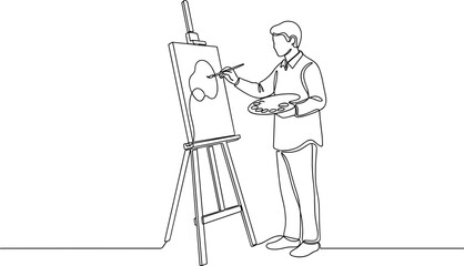 Artist painting on easel, creative process, single line drawing illustration © Sugar