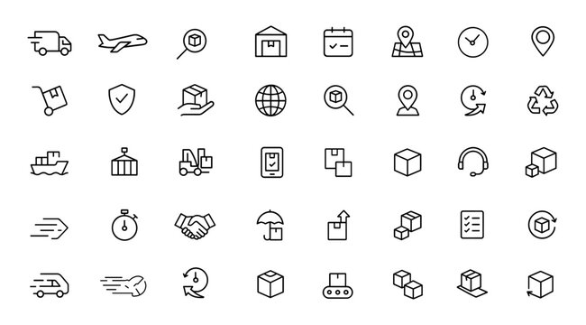 Vector shipping fulfilment icon set with thin linear pictograms: delivery, logistics, packaging, warehouse, tracking, pickup location, calendar, stopwatch illustration, trust line, service.