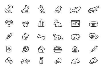 Fototapeta premium Vector pets icon set: thin linear pictograms of domestic animals including dog, cat, bird, rabbit, fish, lizard; minimalist line illustrations for animal lovers, pets, vector, design, icons