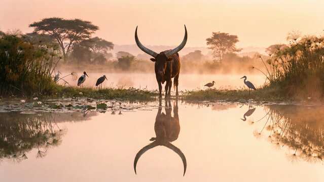 Ankole bull reflected in calm water at sunset on misty savanna plains scene