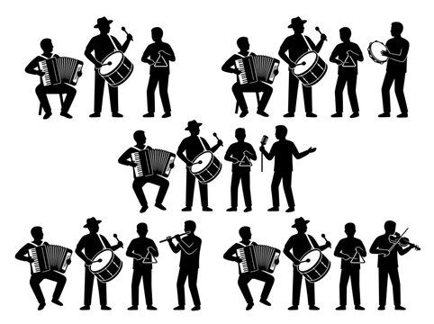 vector Silhouettes of musicians playing traditional instruments in a folk band Silhouette