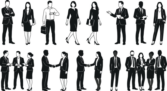 Business people silhouette collection, professional corporate team characters, office workers handshake and meeting vector illustration isolated set