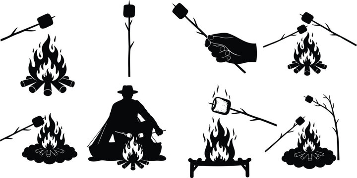 Silhouette of marshmallows roasting over campfire illustration vector.