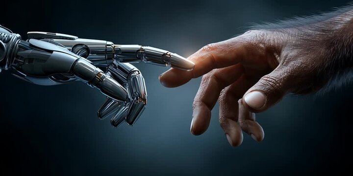 The robot's hand and monkey hand, evolution from primates concept. Banner. Dark tech background