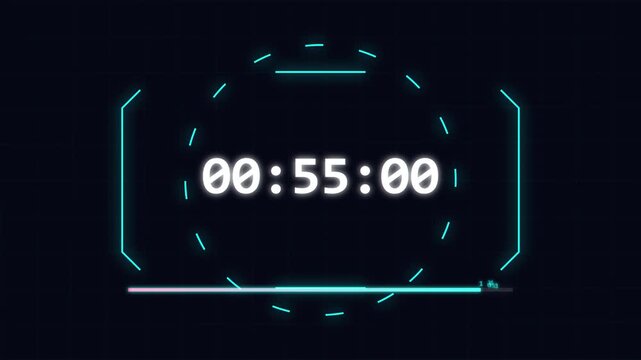 Digital countdown timer with neon graphical interface on dark background