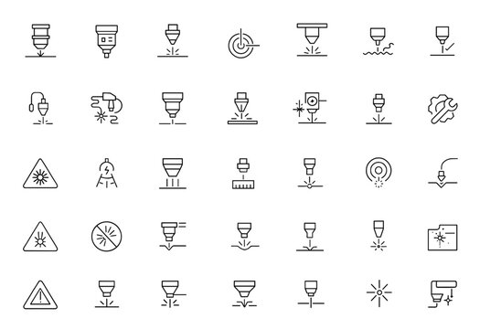 Precision laser technology icon set with machine components, industrial beam control, cutting, engraving, welding, marking pictograms for processing applications vector illustration