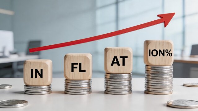 Inflation concept with wooden blocks spelling word on stacks of coins, red arrow pointing up indicating rising prices and economic crisis, financial growth and money value