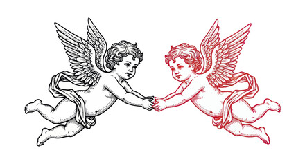 Fototapeta premium Two Cherubs Holding Hands, Love and Romance Symbol, Vintage Style Illustration