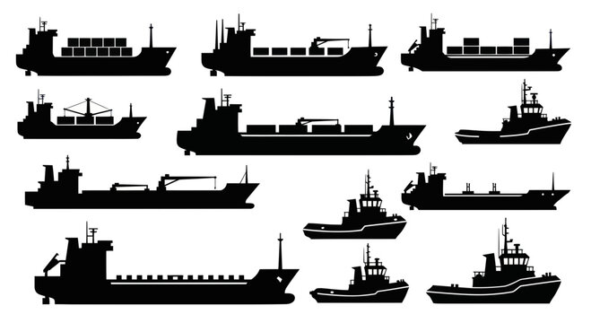Silhouette Collection of Cargo Ships and Tugboats