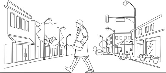 Man crossing street in front of shops and buildings, city street scene, line art illustration © Sugar