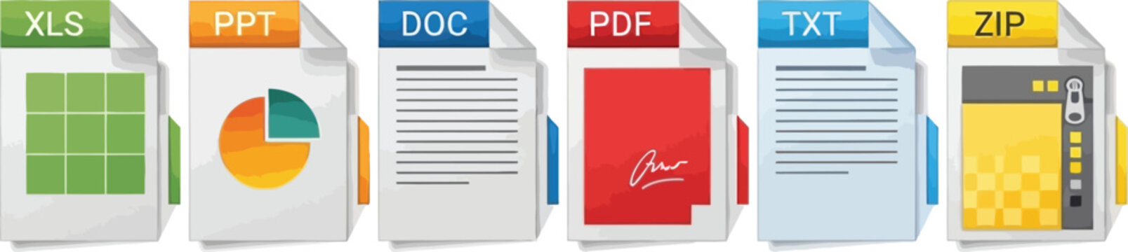 Collection of stylized document file xls, ppt, doc, pdf, txt, zip