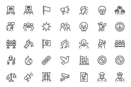 Civil Unrest and Political Extremism icon set: Thin linear vector pictograms illustrating societal conflicts, protest, rebellion, propaganda, Molotov cocktail, political prisoner.