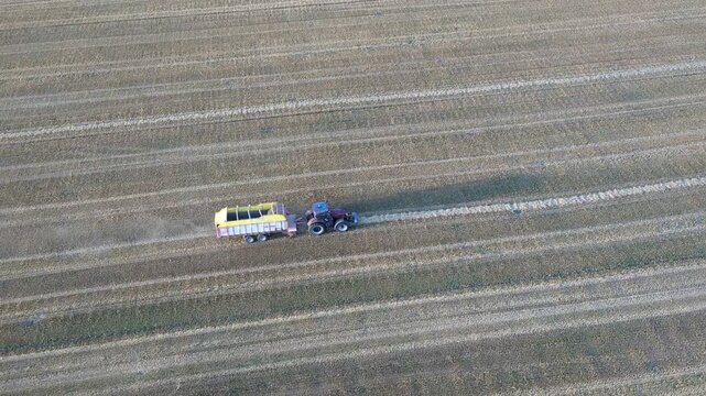 Tractor with forage wagon collecting hay rows on field aerial panorama farming scene