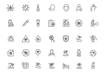 Fototapeta premium Vector line icon set of mosquito-borne diseases: thin linear illustrations of malaria, dengue, virus, fever, rash, symptoms, vaccine, injection, test, spray, repellent, fumigation, pictograms and more
