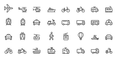 Vector glyph icon set of transport: airplane, ferry, helicopter, boat, cargo ship, motorcycle, bicycle, tram, subway, metro, black silhouette pictograms illustration and more. © JIm Studio