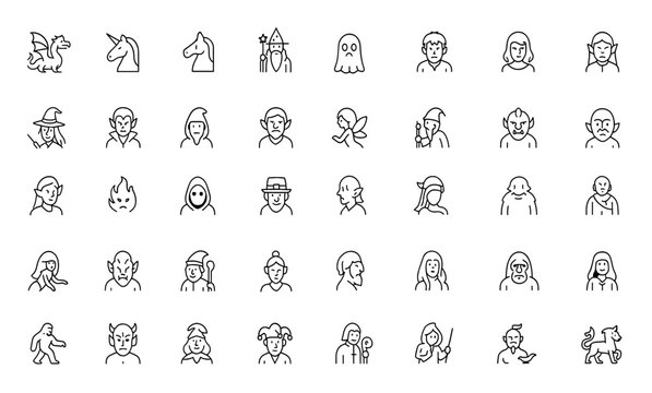 Mythical creature icon set line art. Thin linear vector pictograms of dragon, unicorn, wizard, pegasus, witch, vampire, ghost, zombie. Fantasy beings and monsters illustration and more.