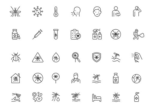 Vector line icon set of mosquito-borne diseases: thin linear illustrations of malaria, dengue, virus, fever, rash, symptoms, vaccine, injection, test, spray, repellent, fumigation, pictograms and more