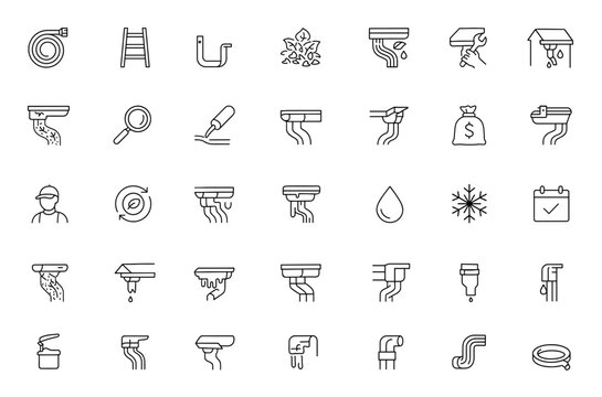 Downspout cleaning and gutter maintenance icon set, thin linear vector illustrations of hose, ladder, bracket, debris, leaf guard, repair pictograms, home repair tools, exterior maintenance, cleaning