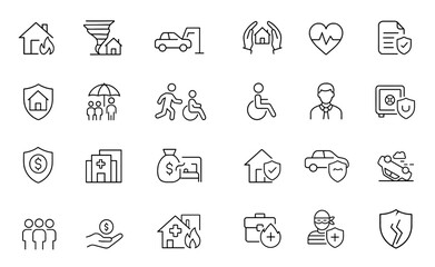 Fototapeta premium Property insurance icon set: vector glyph pictograms of disaster, fire, tornado, accident, automobile, car, travel, disability, document, agent, black silhouette signs, illustration and more.
